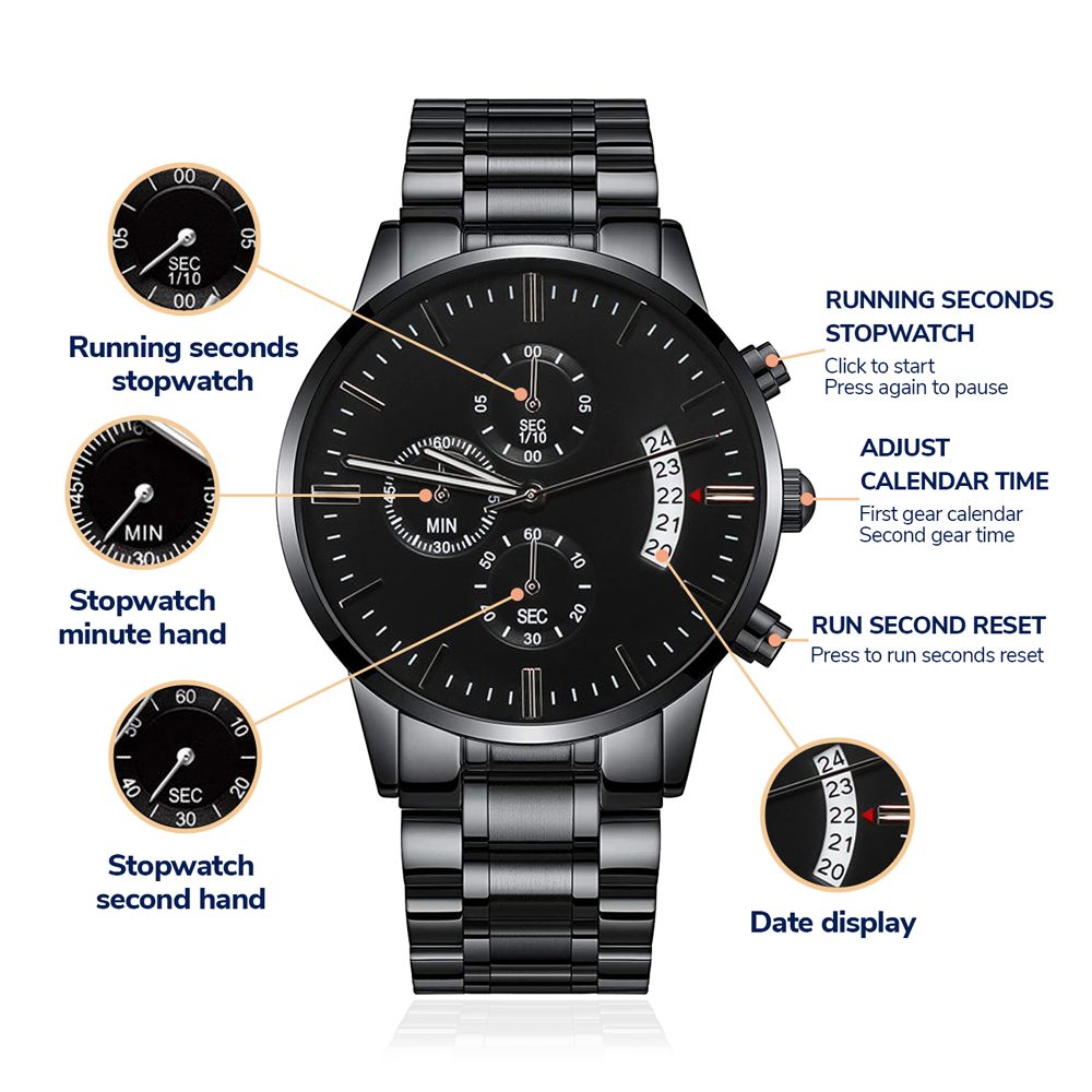 Black Watch with three-dial Stainless Steel | Custom Engraved Message