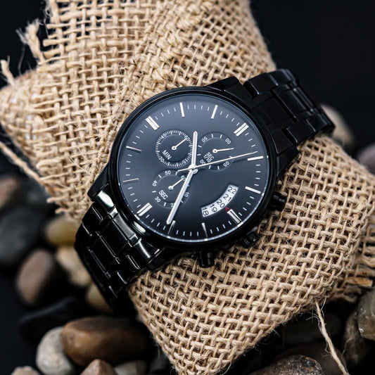 Black Watch with three-dial Stainless Steel | Custom Engraved Message